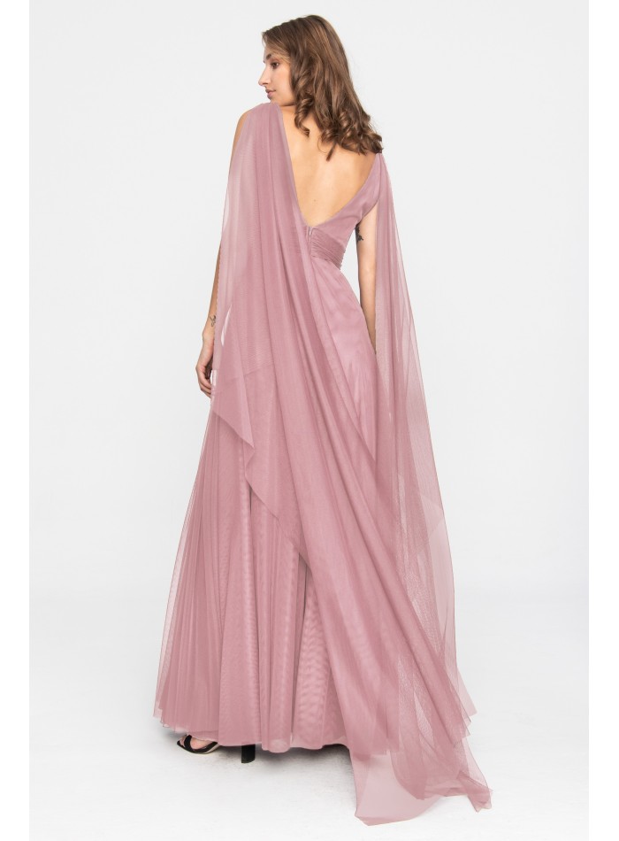 Long pink tulle dress with V-neckline and side...