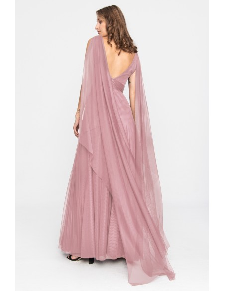 Robe longue en tulle rose avec décolleté en V et fente latérale