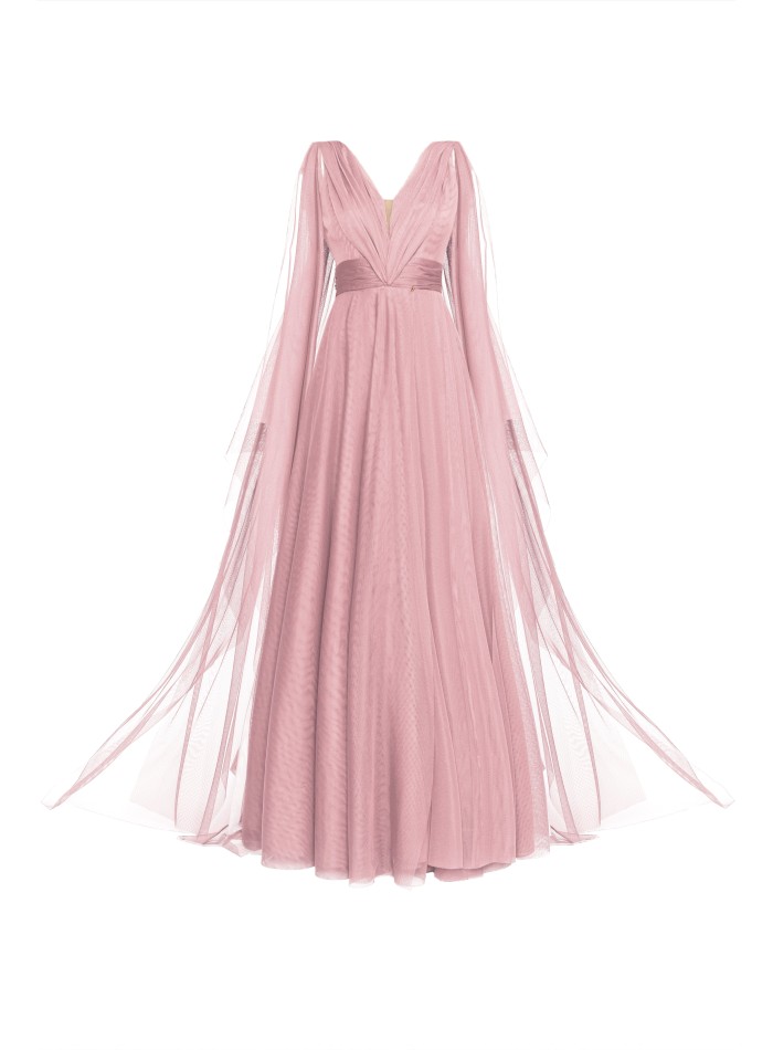 Robe longue en tulle rose avec décolleté en V...