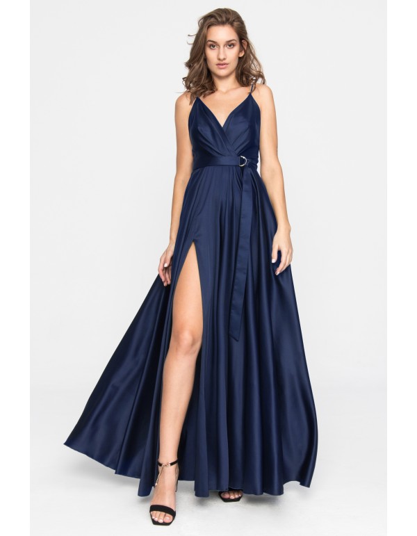 Long blue satin party dress with crossover neckline