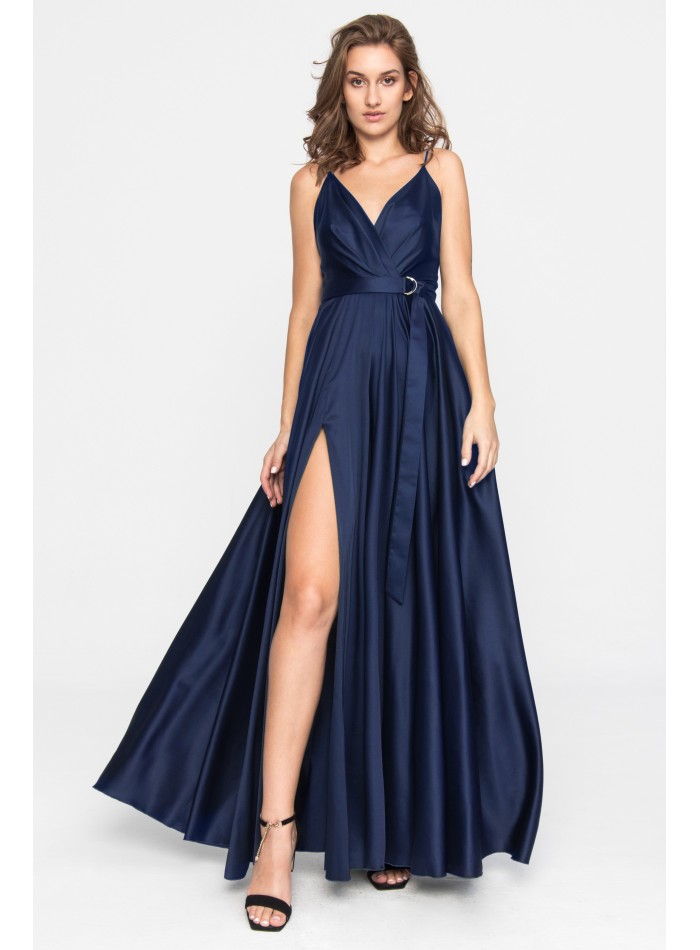 Long blue satin party dress with crossover...