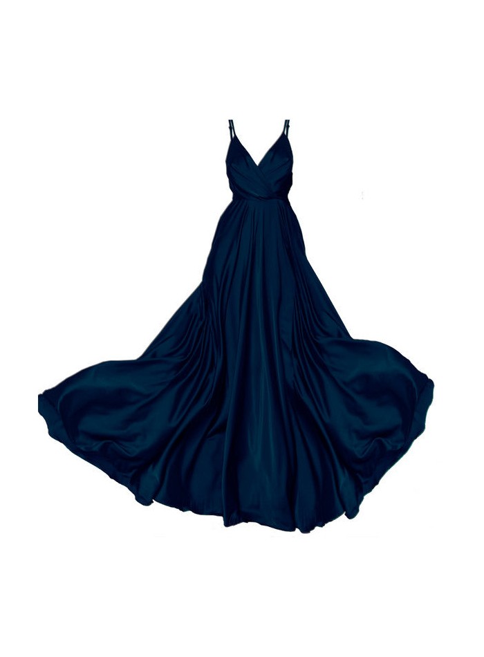 Long blue satin party dress with crossover...