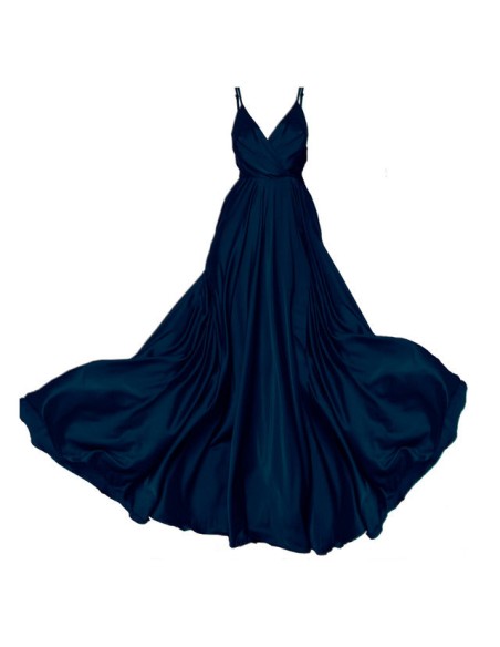 Vestido de fiesta azul satinado largo con escote cruzado
