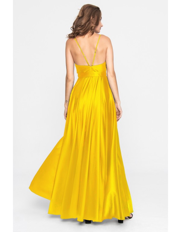 Long yellow satin dress with V-neckline and side slit 2