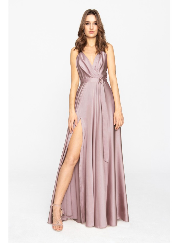Mauve satin long dress with V-neckline and side...