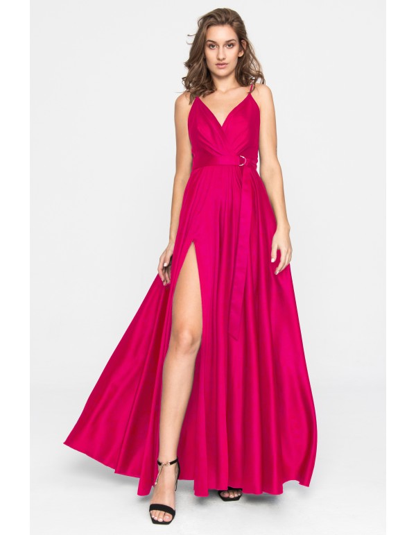 Robe longue en satin fuchsia avec décolleté en V