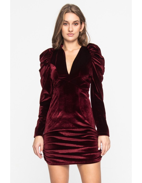 Vestido mini de terciopelo burdeos con mangas abullonadas