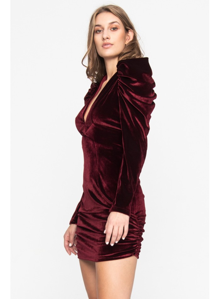 Mini robe en velours bordeaux à manches bouffantes