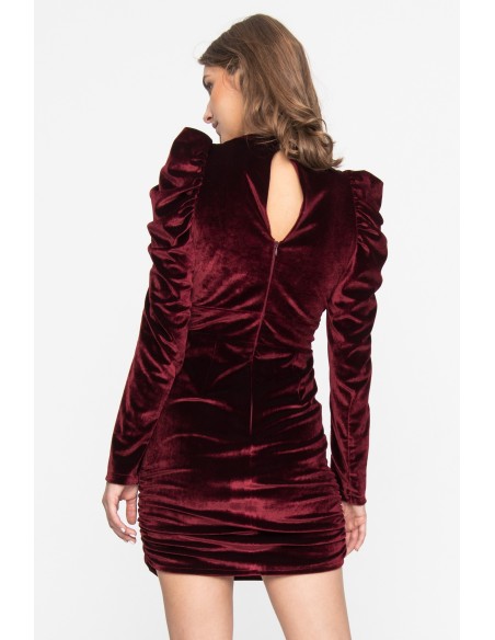 Burgundy velvet mini dress with puffed sleeves