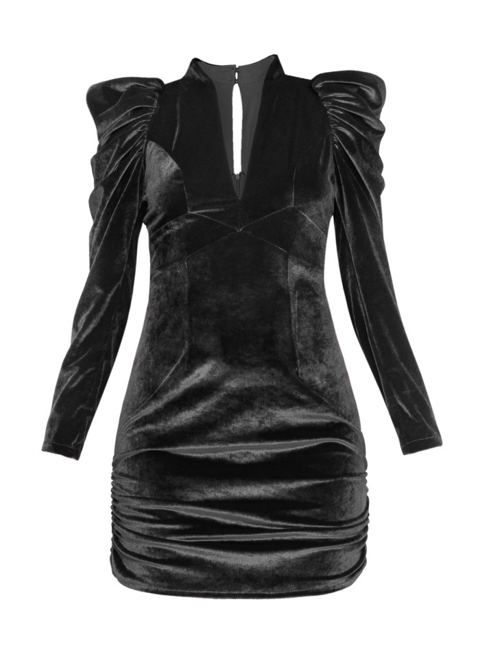 Mini robe en velours noir à manches bouffantes
