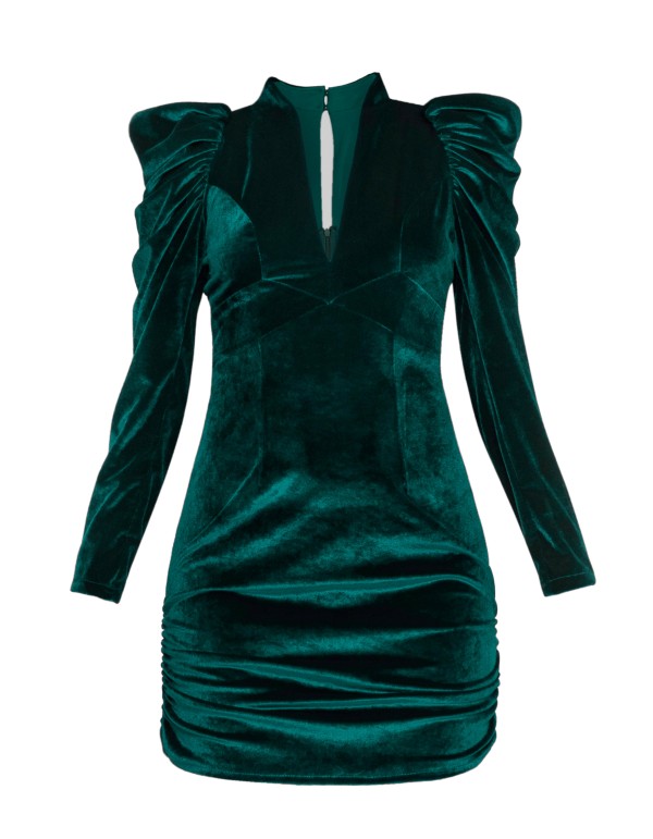 Emerald green velvet mini dress with puffed sleeves 2