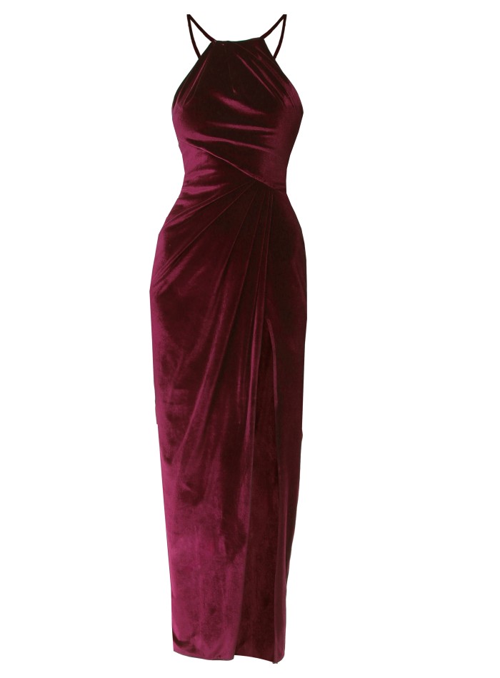 Robe de soirée midi en velours bourgogne avec...