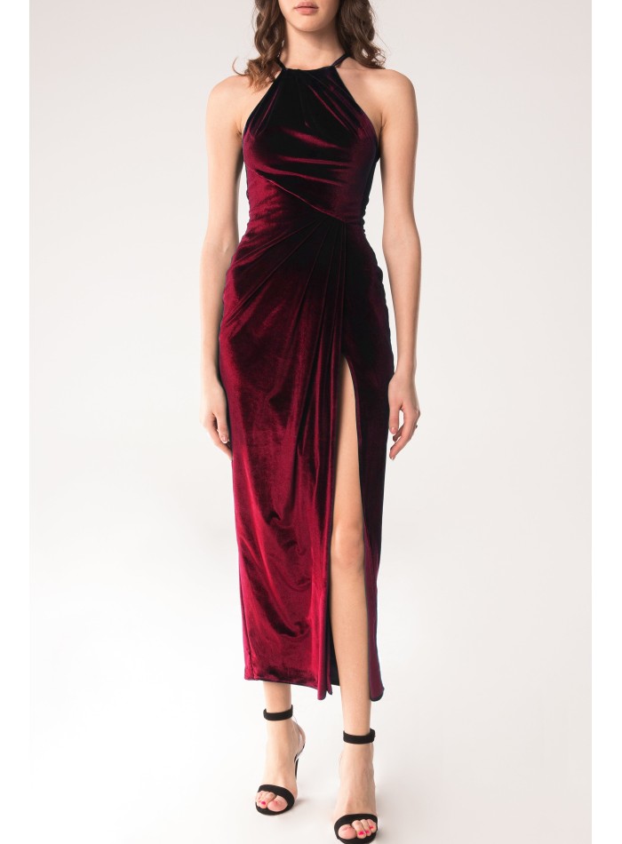 Robe de soirée midi en velours bourgogne avec...