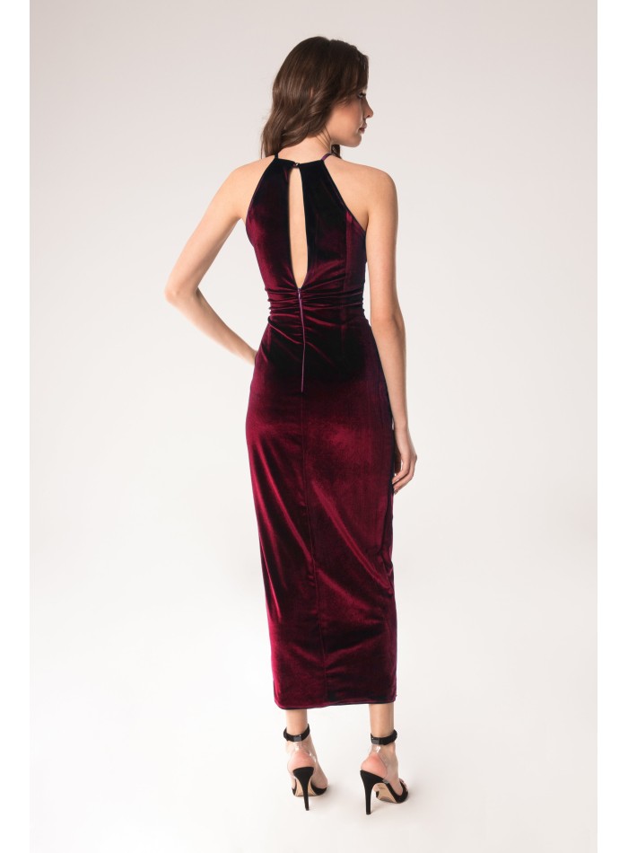 Burgundy velvet midi party dress with side slit