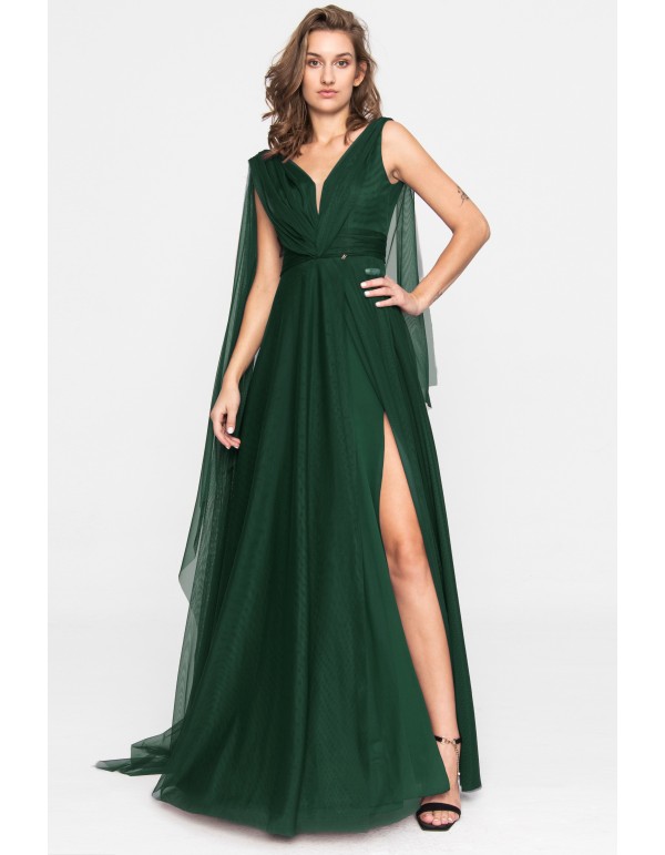 Longue robe de soirée en tulle vert émeraude avec fente
