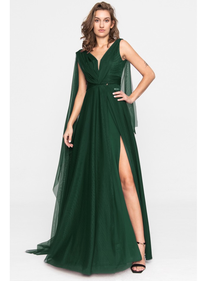 Longue robe de soirée en tulle vert émeraude...