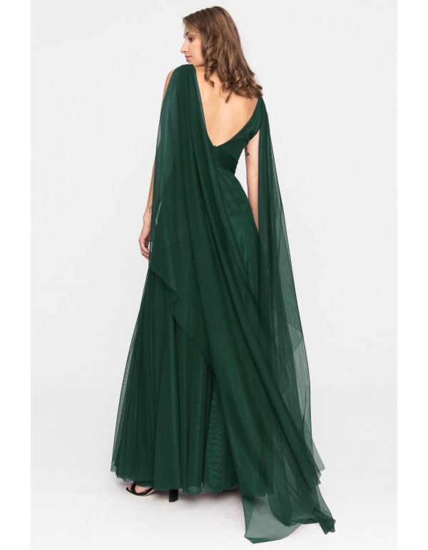 Longue robe de soirée en tulle vert émeraude avec fente 2