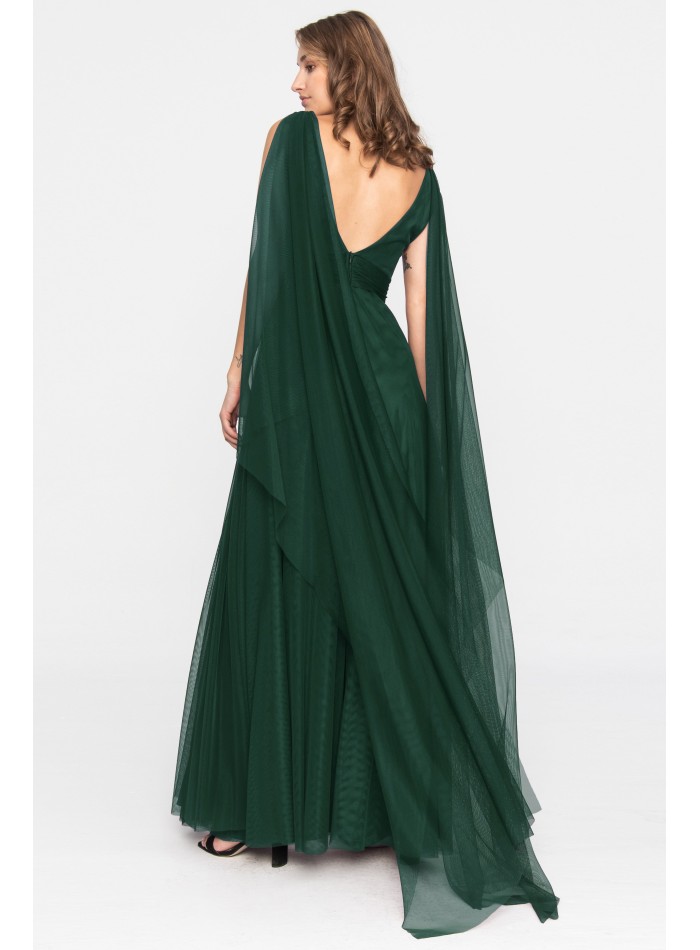 Long evening dress in emerald green tulle with...