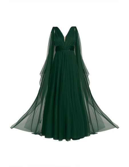 Long evening dress in emerald green tulle with slit