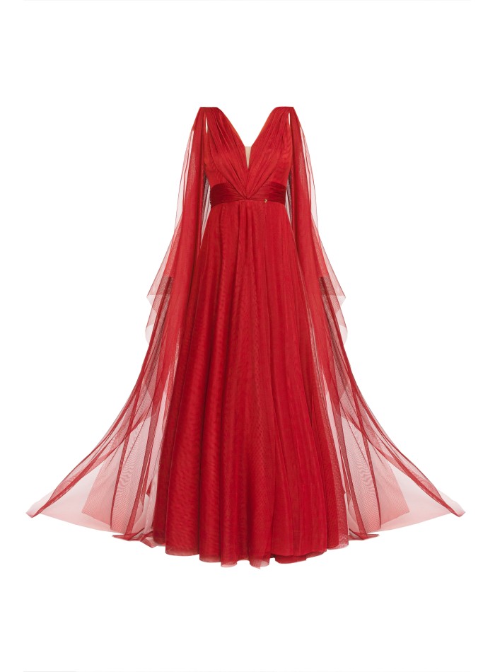 Long red tulle dress with V-neckline and side slit