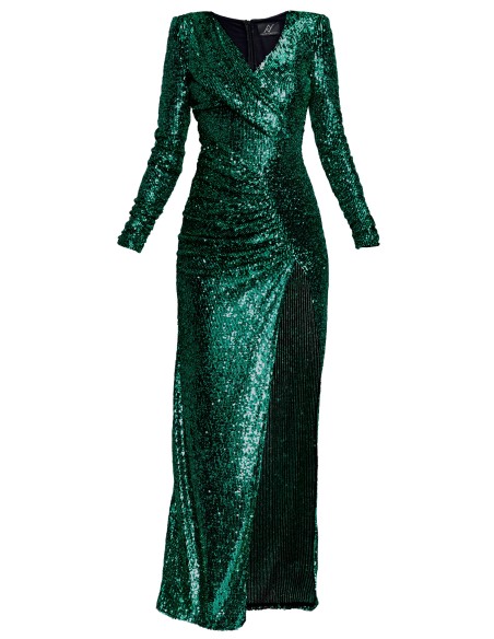 Vestido largo verde de lentejuelas con abertura para invitadas