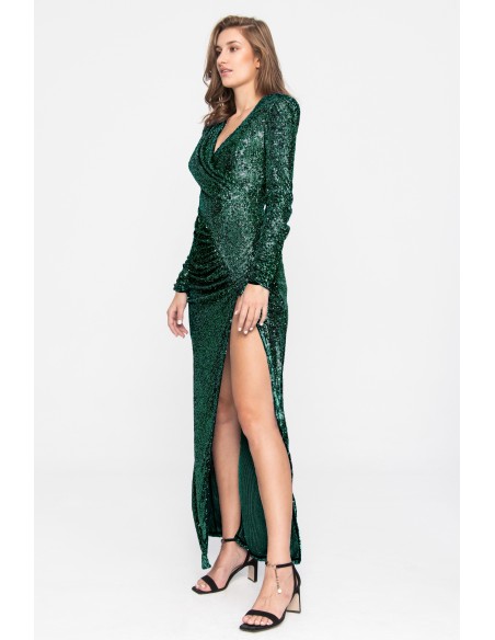 Robe longue verte avec paillettes et fente pour les invités