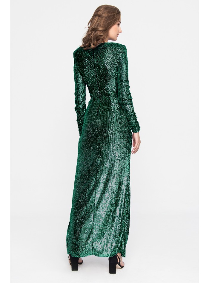 Green long dress with sequins and slit for guests