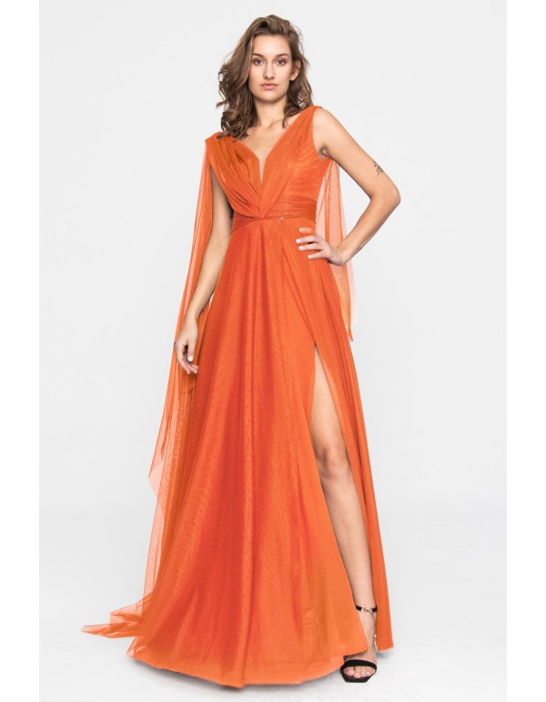 Orange tulle party dress with V-neckline and slit