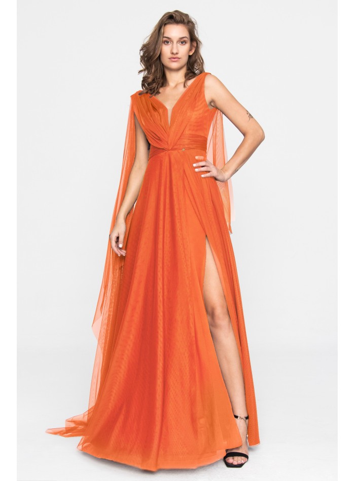 Robe de soirée orange en tulle avec décolleté...