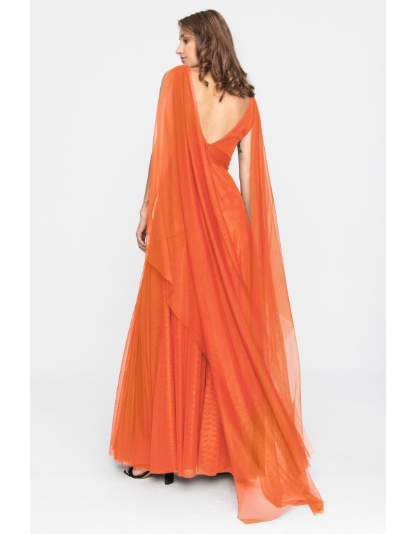 Robe de soirée orange en tulle avec décolleté en V et fente 2