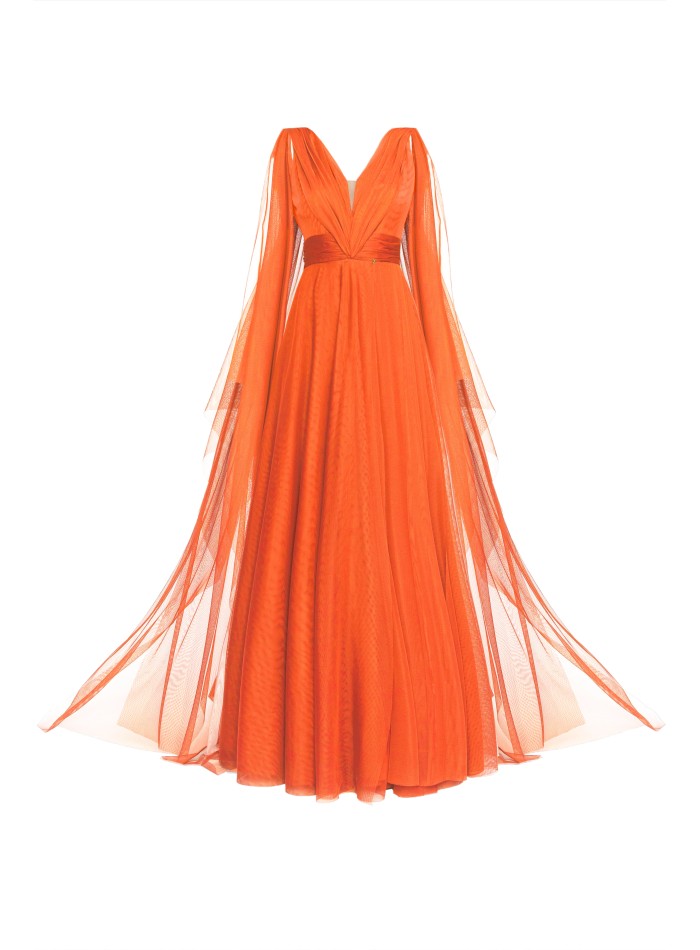 Orange tulle party dress with V-neckline and slit
