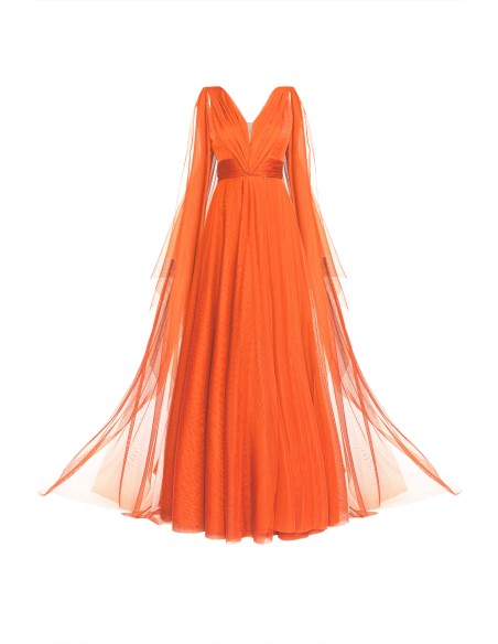 Orange tulle party dress with V-neckline and slit