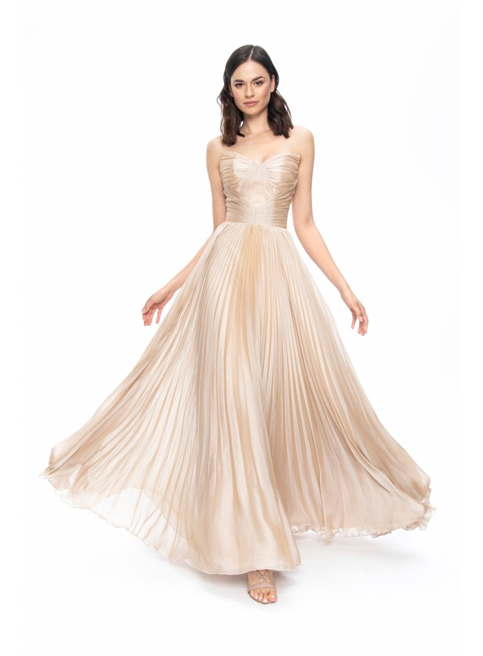 Beige satin pleated strapless ball gown in...