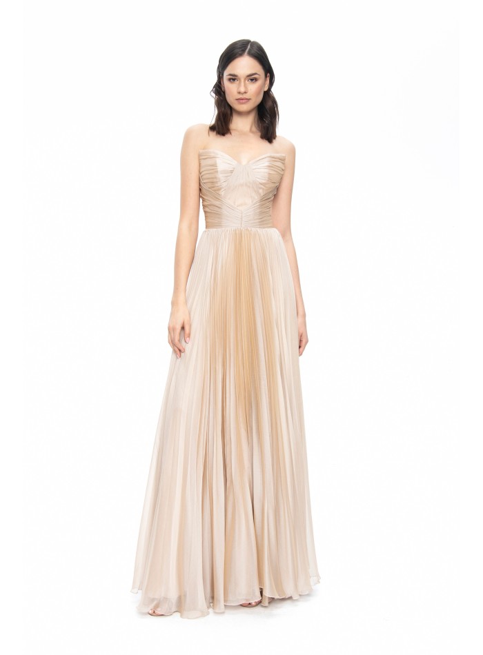 Beige satin pleated strapless ball gown in...