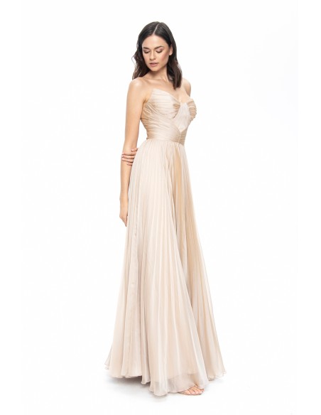 Beige satin pleated strapless ball gown in beige satin