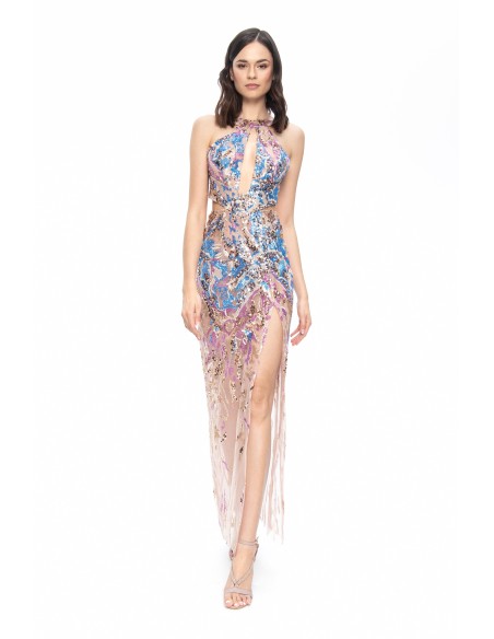 Long party dress with sequins and semitransparencies