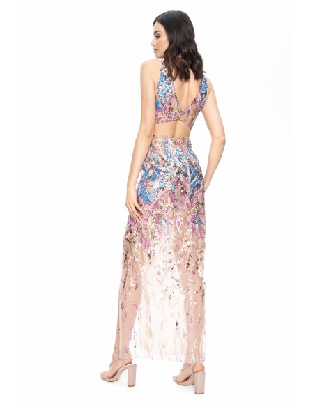 Long party dress with sequins and semitransparencies