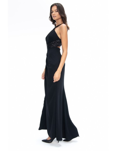 Robe longue noire en crêpe avec encolure dos nu et dos papillon