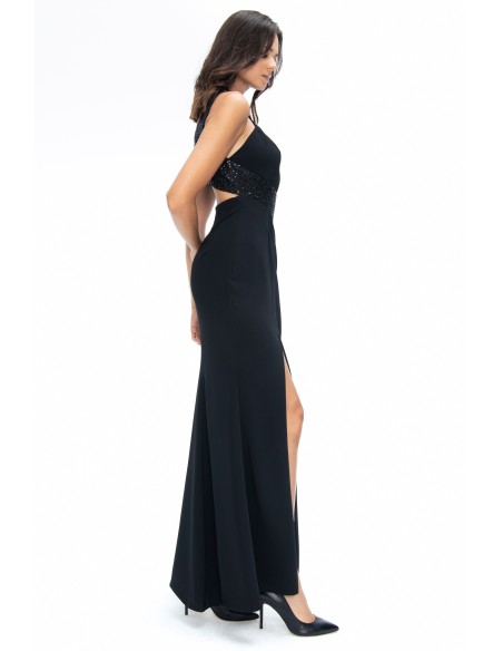 Robe longue noire en crêpe avec encolure dos nu et dos papillon