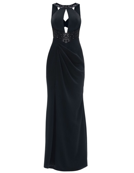Vestido negro largo de crepé con escote halter y espalda mariposa