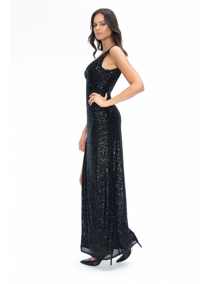 Robe noire moulante à sequins avec fente au...