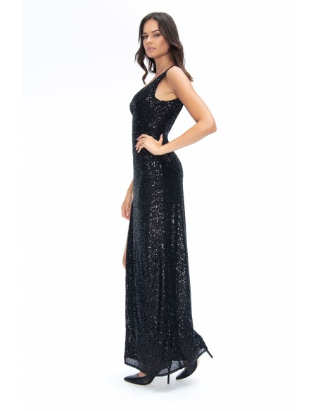 Black sequin slim fit dress with leg slit, V-neckline and open back.