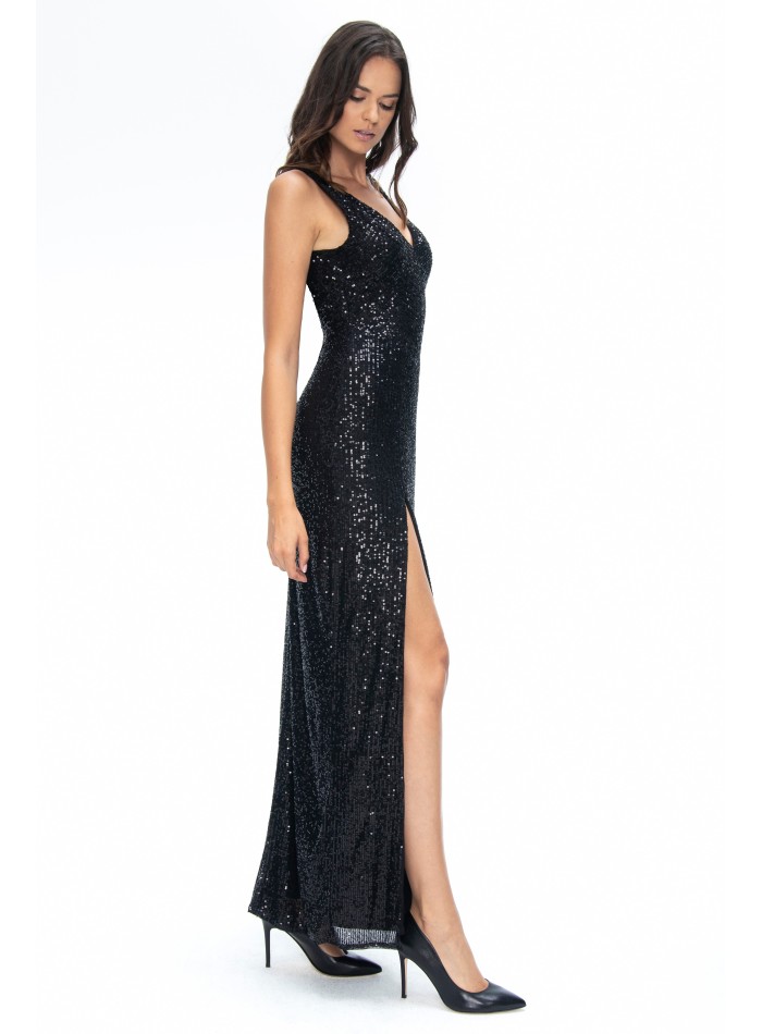 Black sequin slim fit dress with leg slit,...