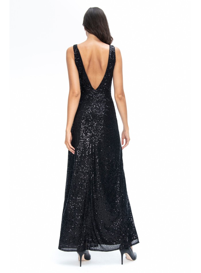 Robe noire moulante à sequins avec fente au...