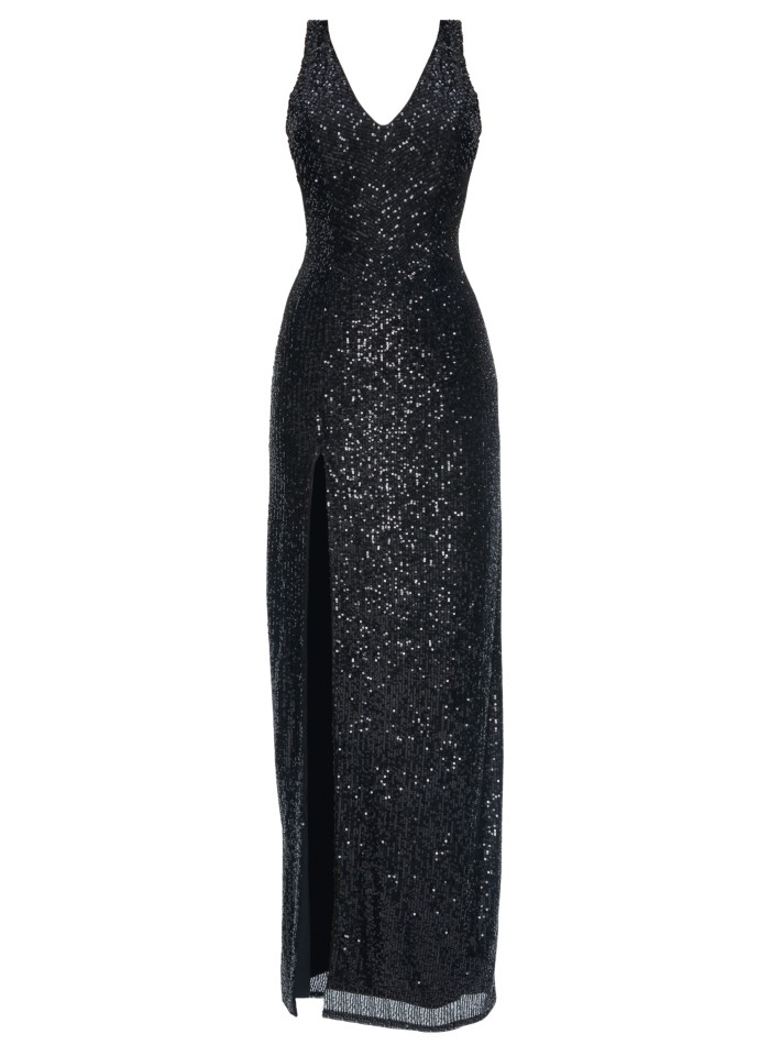 Robe noire moulante à sequins avec fente au...