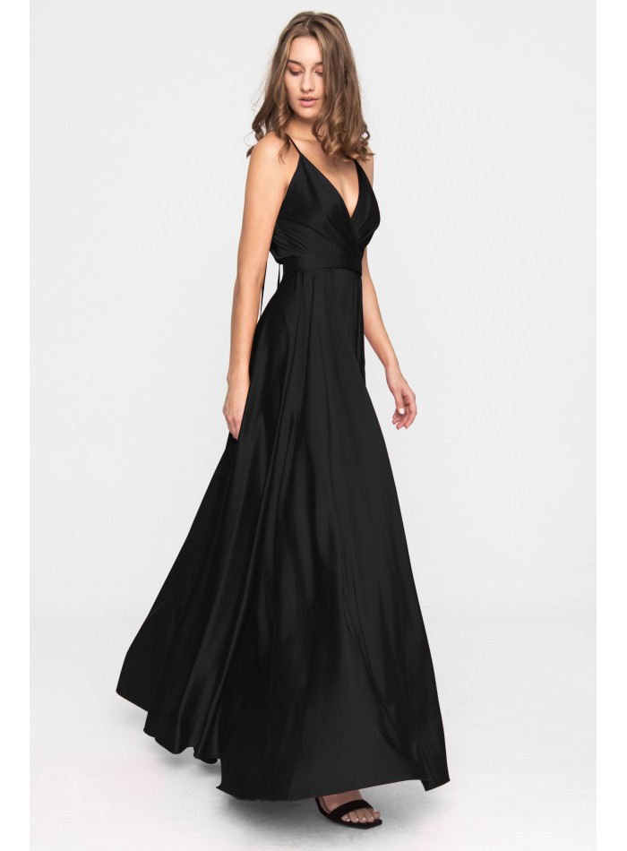 Long satin party dress with V-neckline and flounce