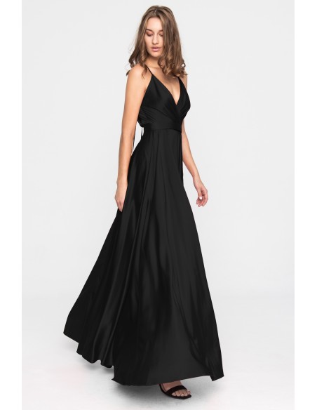 Long satin party dress with V-neckline and flounce