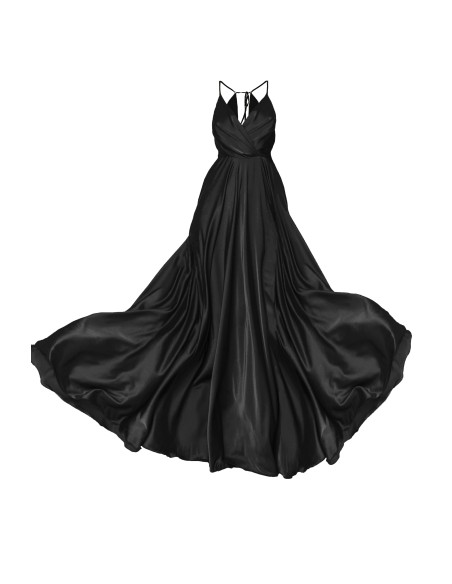 Long satin party dress with V-neckline and flounce