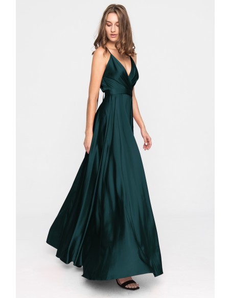 Long satin party dress with slit in the skirt