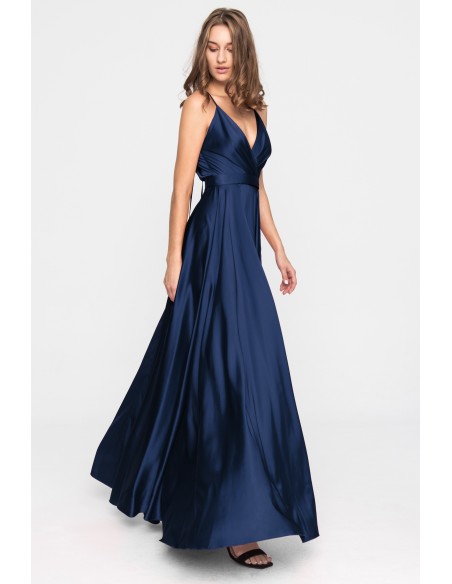 Long satin party dress with crossover neckline and belt